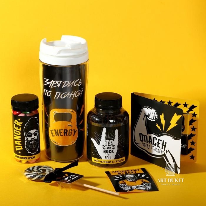 Набор «Для мужика»: чай, драже, шоколад, термостакан, леденец