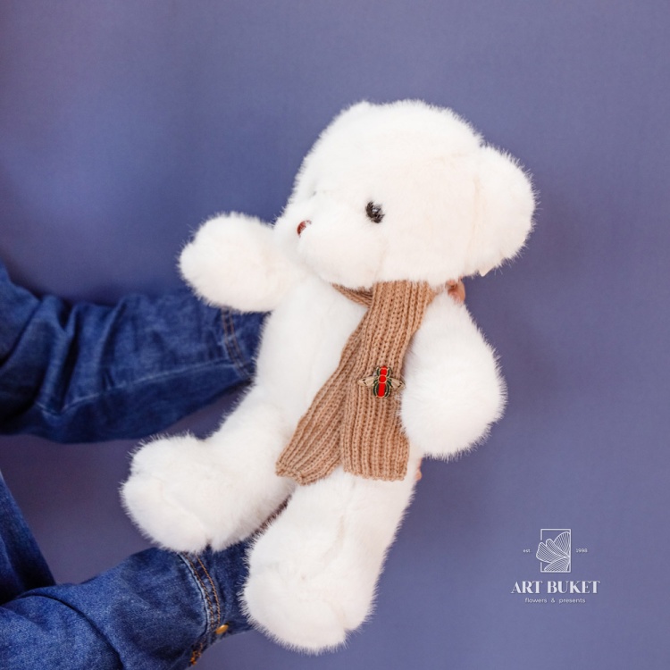 Медведь с меховым шарфом 30 см белый