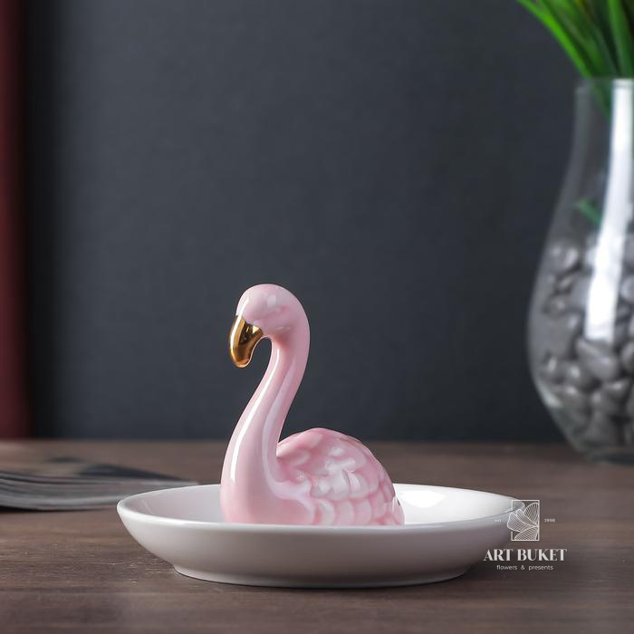 Сувенир керамика подставка под кольца "Фламинго" розовый 7,2х11х11 см    
