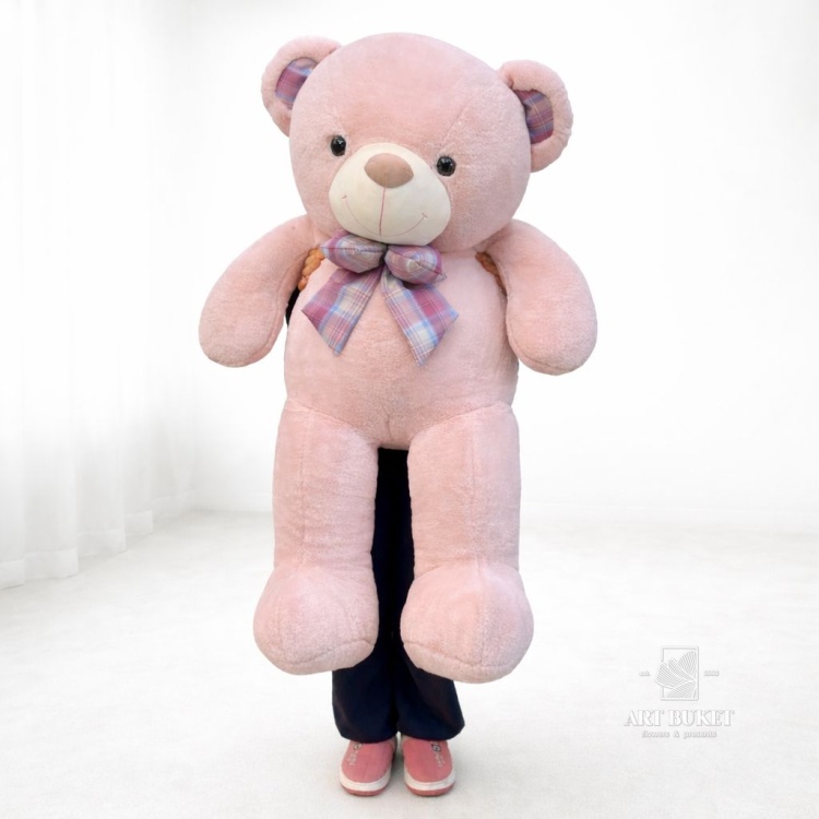 Медведь с клетчатым бантом 110 см розовый
