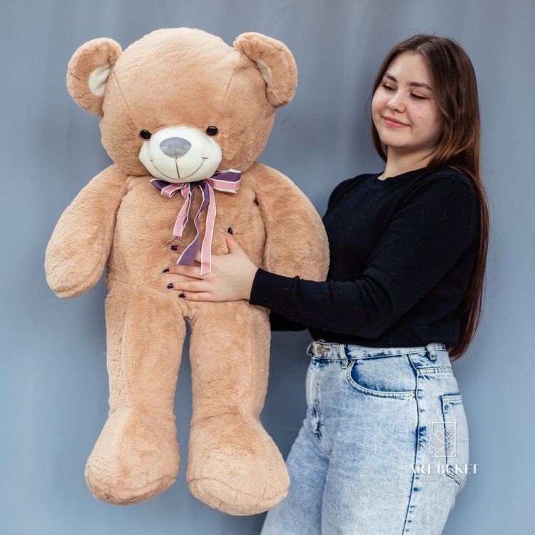 Медведь меховой с бантом светло-коричневый 95 см