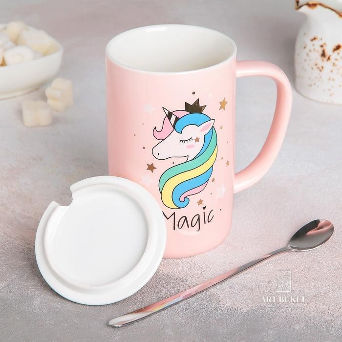 Кружка «Единорог принцессы», 430 мл, с керамической крышкой и ложкой, рисунок МИКС
