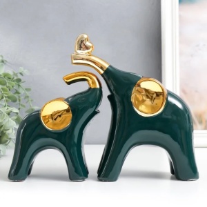 Сувенир керамика "Два слона, сердце на хоботе" тёмно-зелёный золото набор 2 шт 20,5х25х6 см