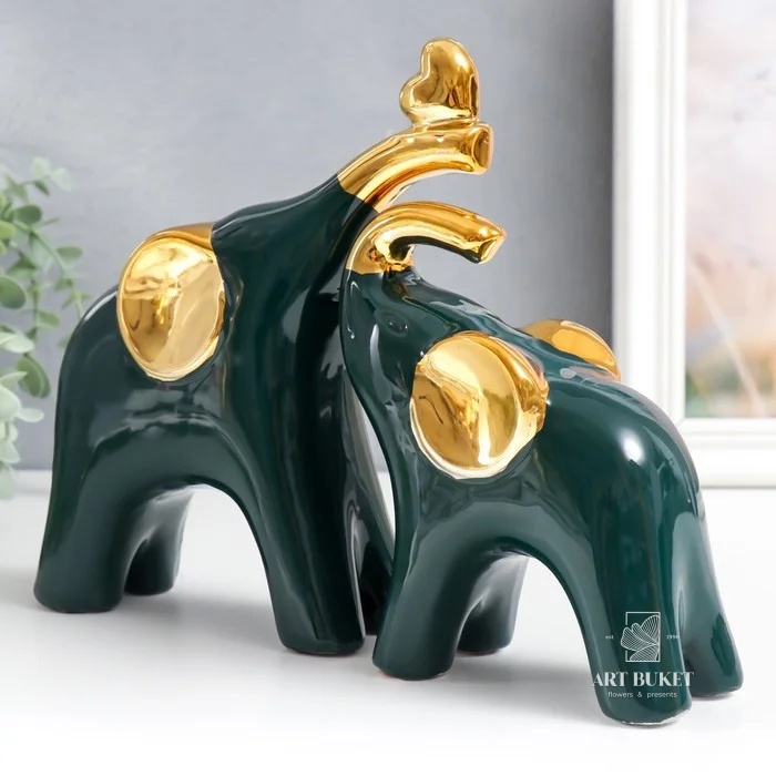 Сувенир керамика "Два слона, сердце на хоботе" тёмно-зелёный золото набор 2 шт 20,5х25х6 см