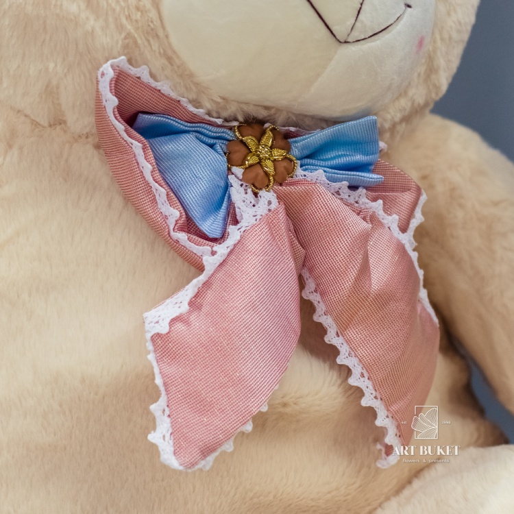 Медведь бежевый с розовым бантом 90 см