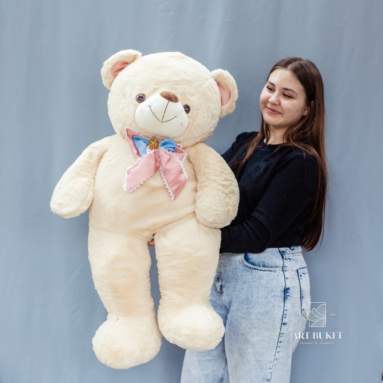 Медведь бежевый с розовым бантом 90 см
