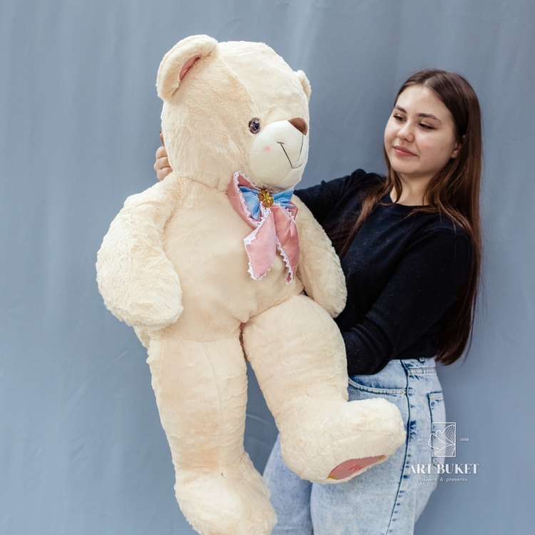 Медведь бежевый с розовым бантом 90 см