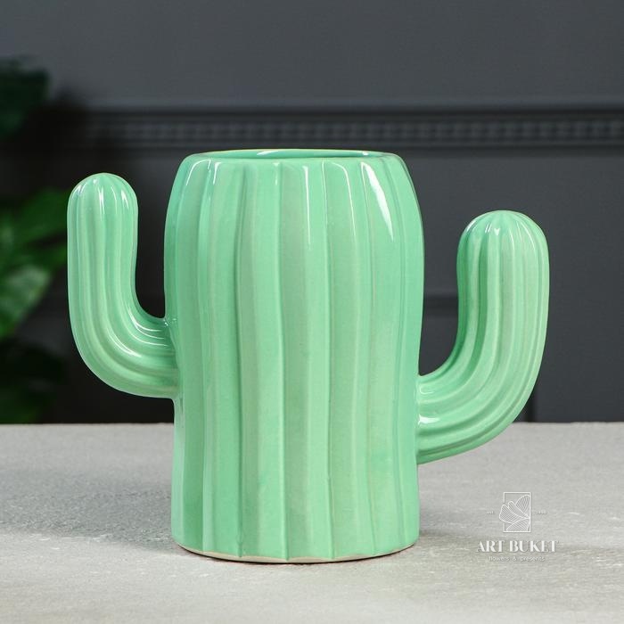 Ваза настольная "Кактус №2", глазурь, зелёная, 16 см 