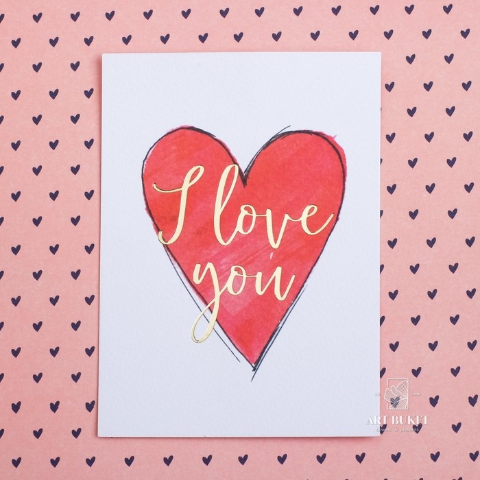 Открытка на акварельном картоне с тиснением I love you, 7,5 х 10,5 см