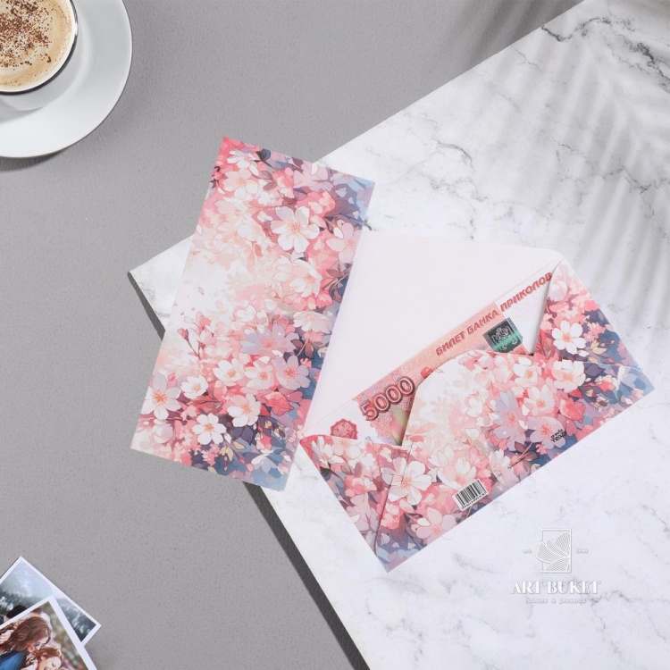 Конверт для денег "Универсальный" розовые цветы, 8х16,3 см 