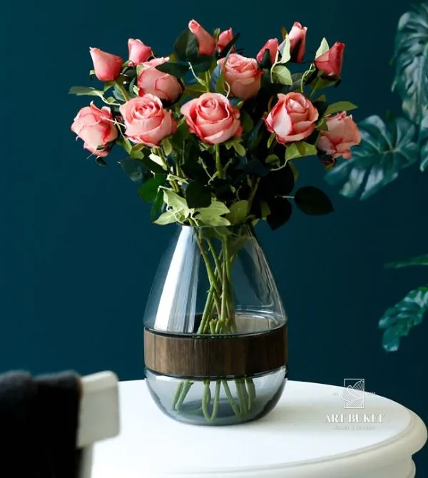 Ваза "Wood ring" (дерево, стекло), D15xH24 см Серый