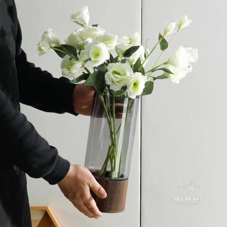 Ваза "Wood stand" (дерево, стекло), D12xH25 см, на подставке Серый