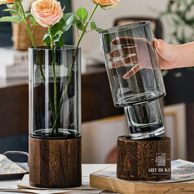 Ваза "Wood stand" (дерево, стекло), D12xH25 см, на подставке Серый