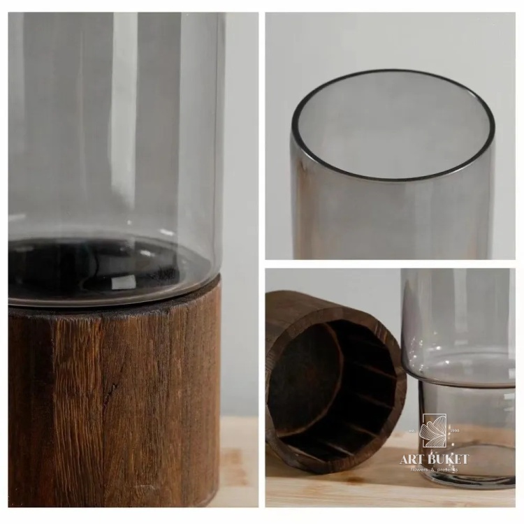 Ваза "Wood stand" (дерево, стекло), D12xH25 см, на подставке Серый
