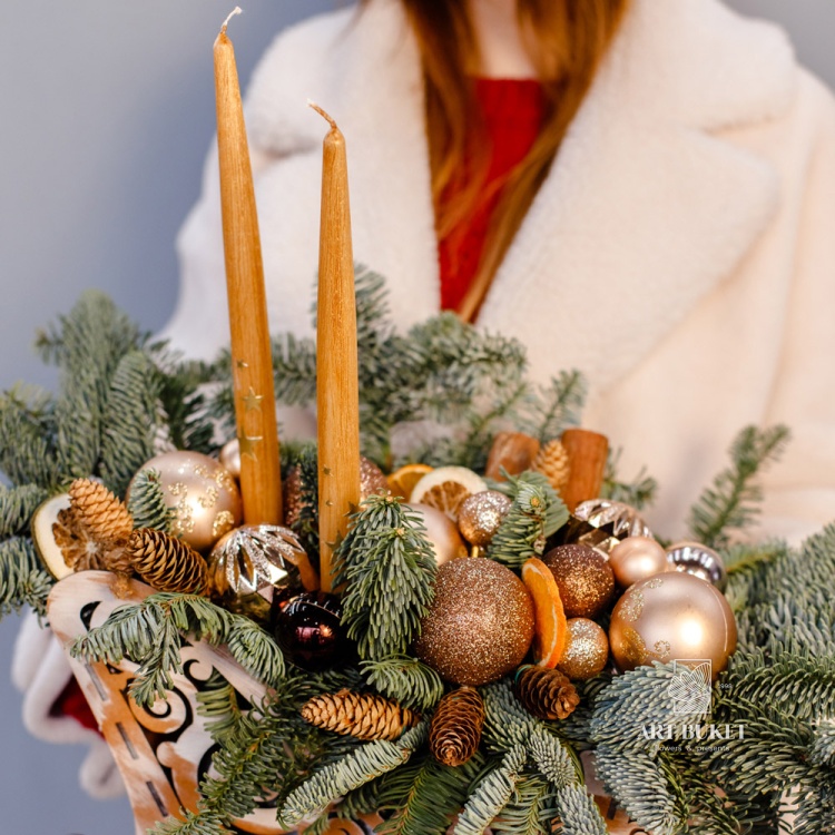 Новогодняя композиция в деревянных санях #3