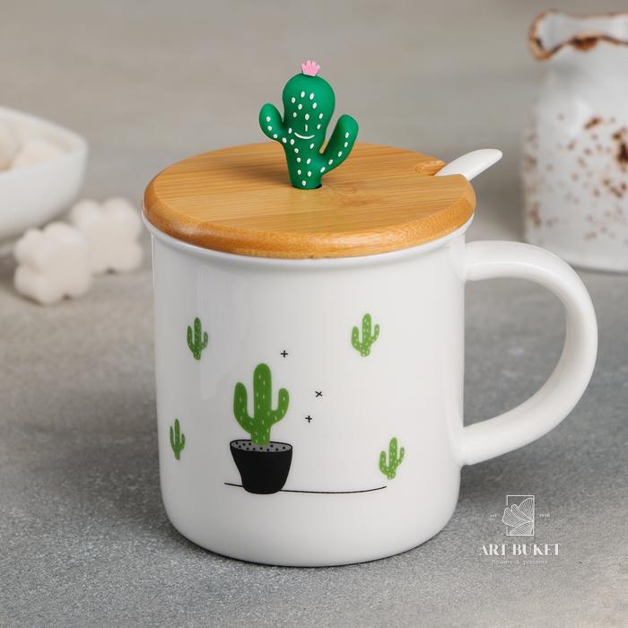 Кружка «Кактус», 380 мл, с деревянной крышкой и ложкой, цвет МИКС