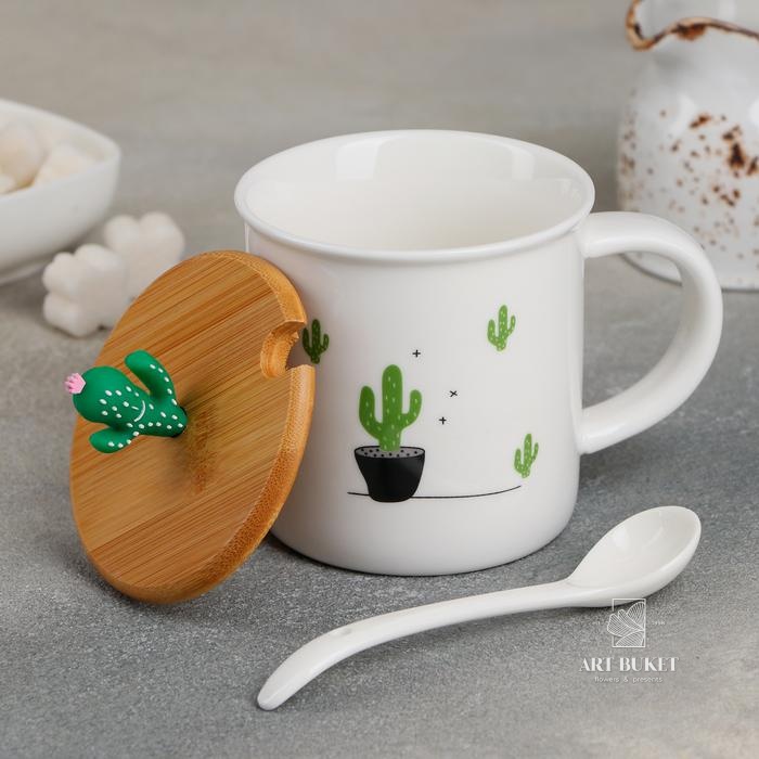 Кружка «Кактус», 380 мл, с деревянной крышкой и ложкой, цвет МИКС
