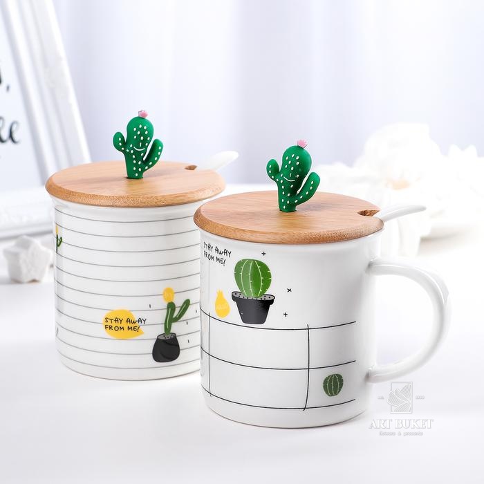 Кружка «Кактус», 380 мл, с деревянной крышкой и ложкой, цвет МИКС