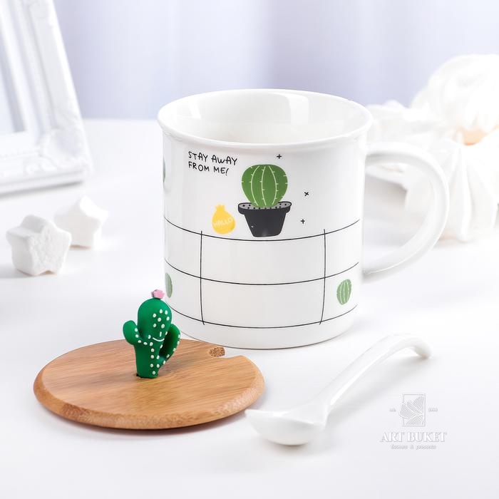 Кружка «Кактус», 380 мл, с деревянной крышкой и ложкой, цвет МИКС