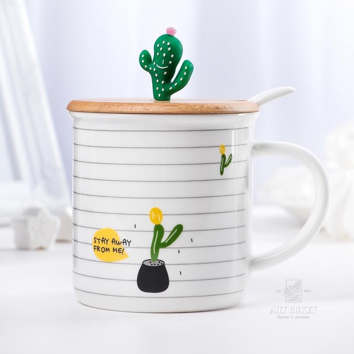 Кружка «Кактус», 380 мл, с деревянной крышкой и ложкой, цвет МИКС