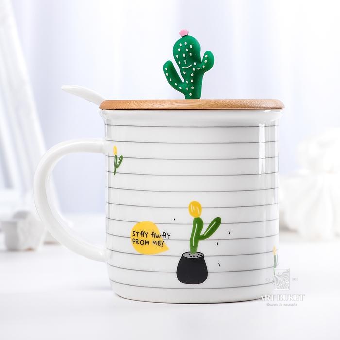 Кружка «Кактус», 380 мл, с деревянной крышкой и ложкой, цвет МИКС