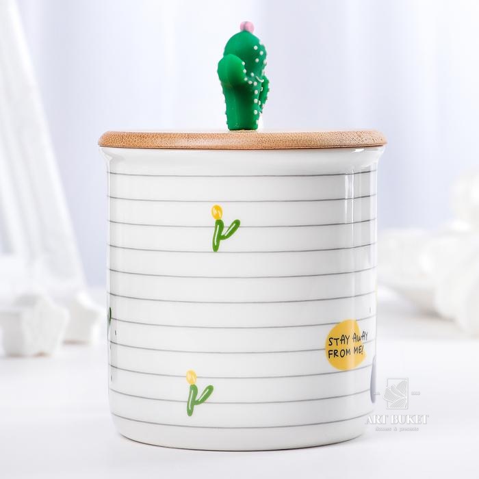 Кружка «Кактус», 380 мл, с деревянной крышкой и ложкой, цвет МИКС