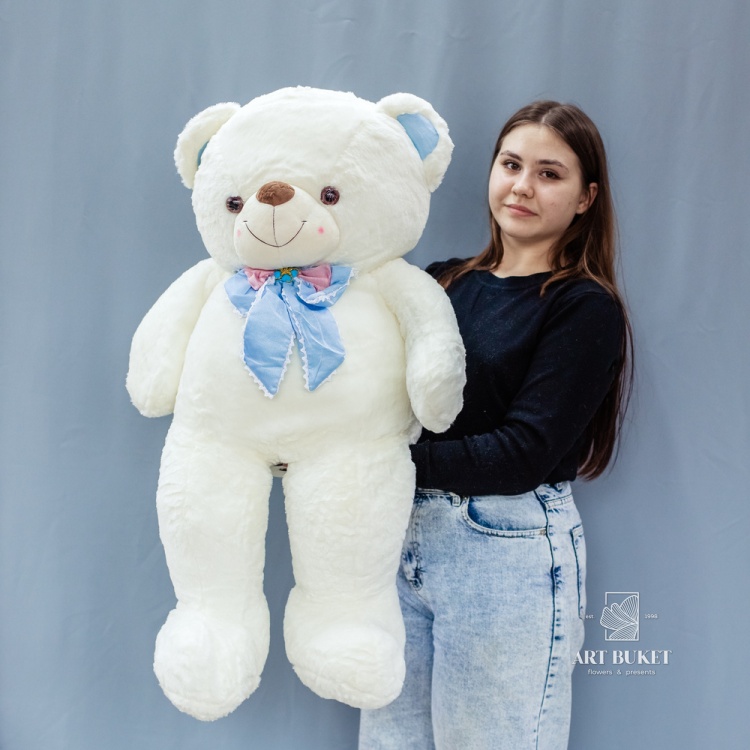 Медведь белый с голубым бантом 90 см