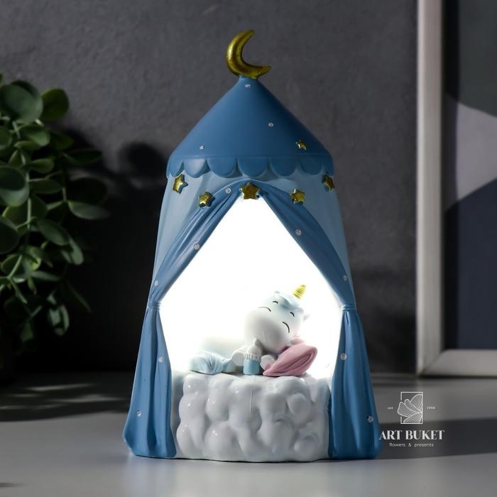 Сувенир свет "Спящий единорог в шатре" голубой 16х9,5х9,5 см   