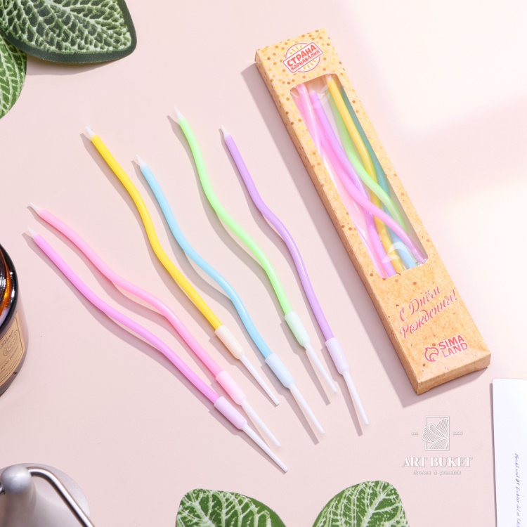 Свечи в торт коктейльные витые "С днем рождения", 6 шт, 16,5 см, разноцветные