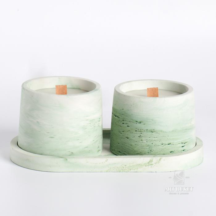 Свеча в бетоне с соевым воском на подставке, деревянный фитиль, бело-зеленая