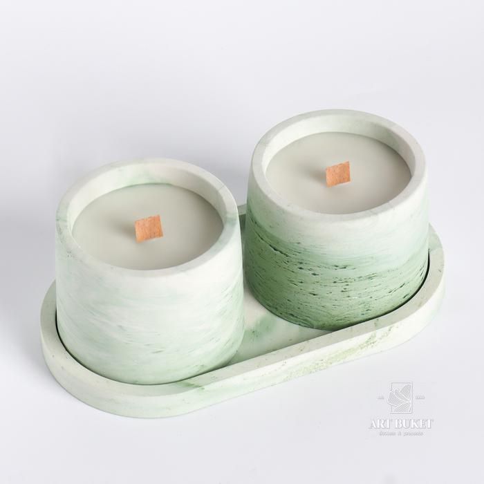 Свеча в бетоне с соевым воском на подставке, деревянный фитиль, бело-зеленая