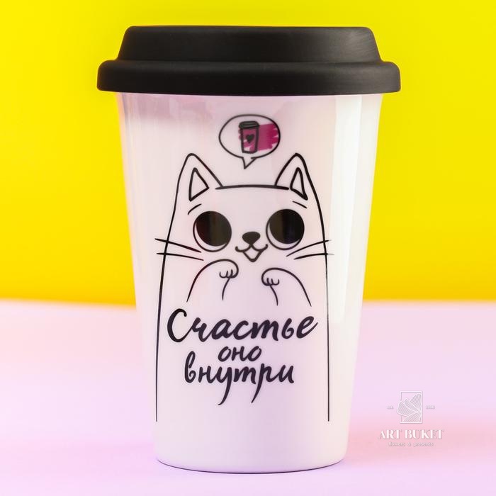 Набор «Милый кот»: кружка под термостакан 300 мл., чай 60 г., сахар в стиках 8 шт.