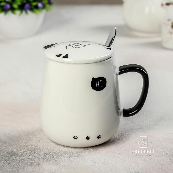 Кружка с керамической крышкой и ложкой «Котики», 450 мл, цвет МИКС