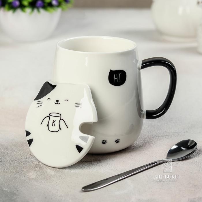 Кружка с керамической крышкой и ложкой «Котики», 450 мл, цвет МИКС
