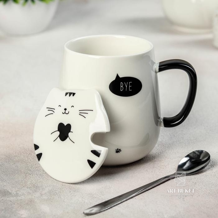 Кружка с керамической крышкой и ложкой «Котики», 450 мл, цвет МИКС