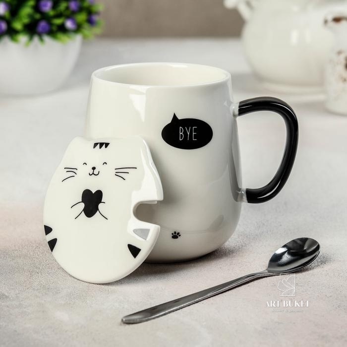 Кружка с керамической крышкой и ложкой «Котики», 450 мл, цвет МИКС
