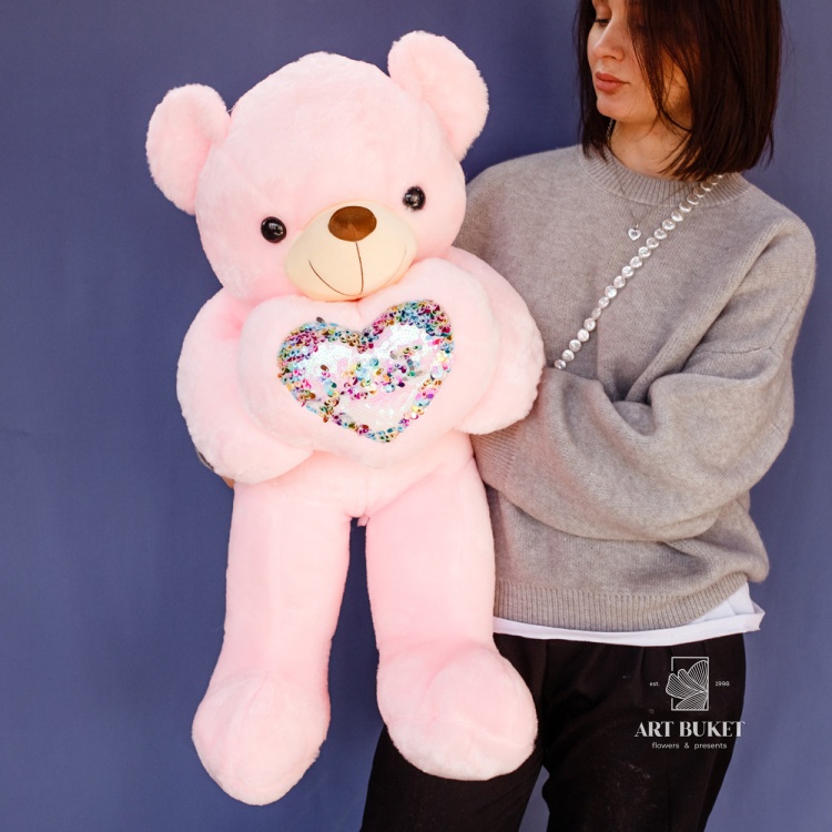 Медведь с большим сердцем с пайетками 80 см розовый