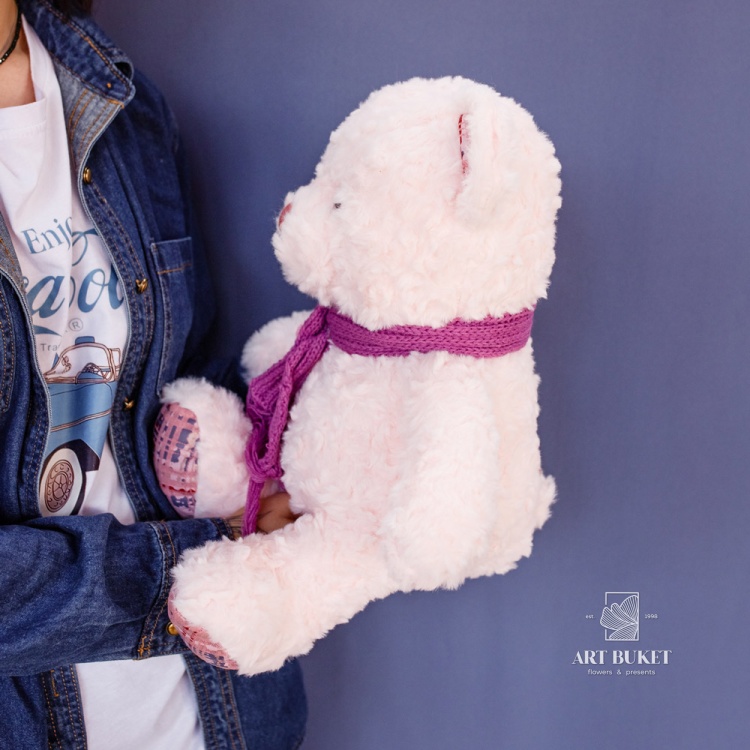 Медведь с вязанным шарфом розовый 35 см