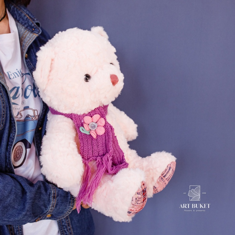 Медведь с вязанным шарфом розовый 35 см