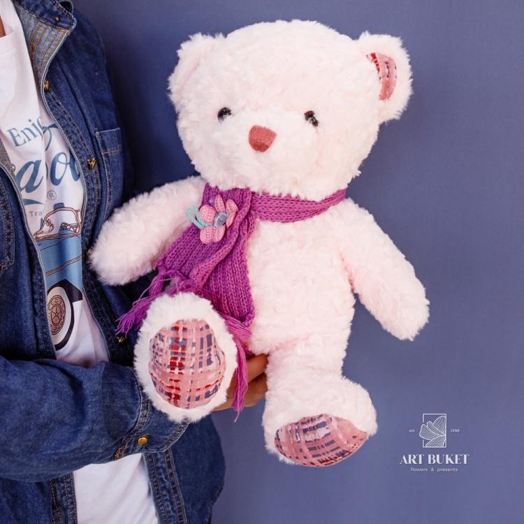 Медведь с вязанным шарфом розовый 35 см