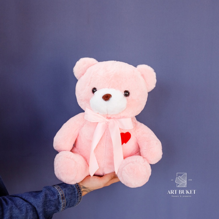 Медведь с двумя сердцами 30 см розовый