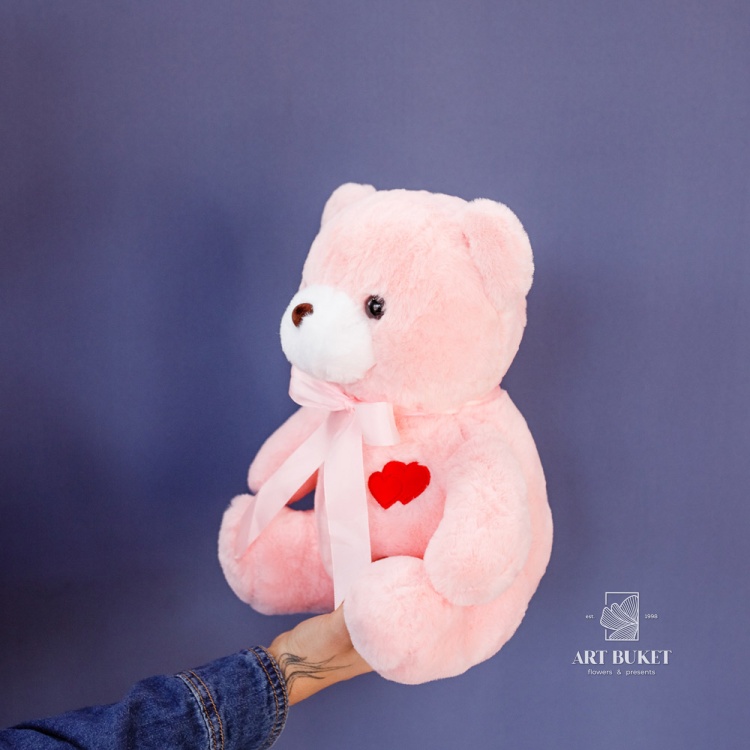 Медведь с двумя сердцами 30 см розовый