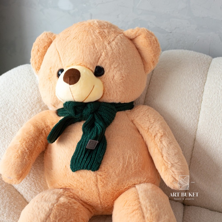 Медведь с вязанным шарфом 85 см бежевый