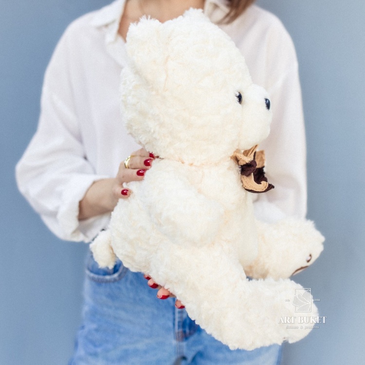 Медведь с бантом кучерявый 40 см белый