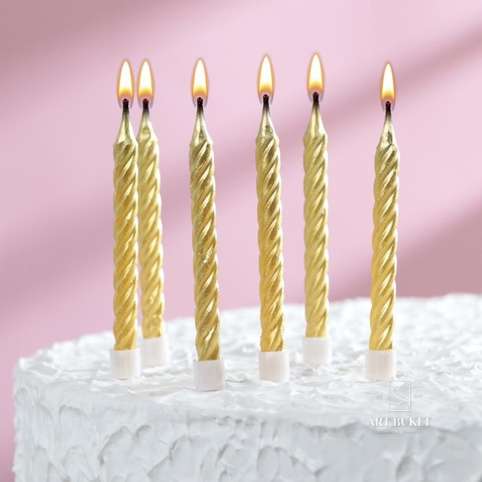 Свечи в торт Золотые средние с подставками, золотые, (набор 6шт)