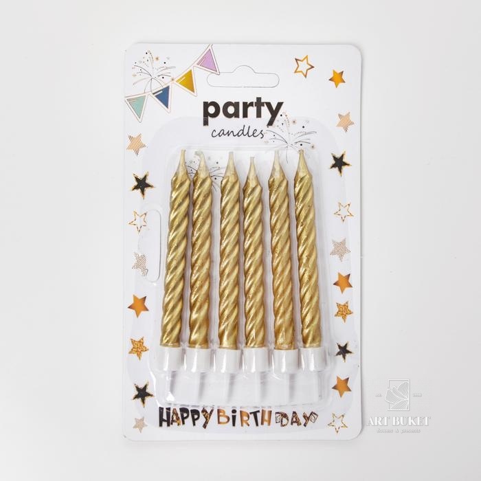 Свечи в торт Золотые средние с подставками, золотые, (набор 6шт)