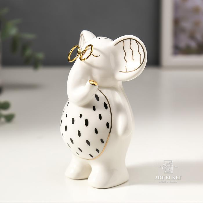 Сувенир керамика "Слонёнок в очках" бело-чёрный с золотом 10х5х7 см   