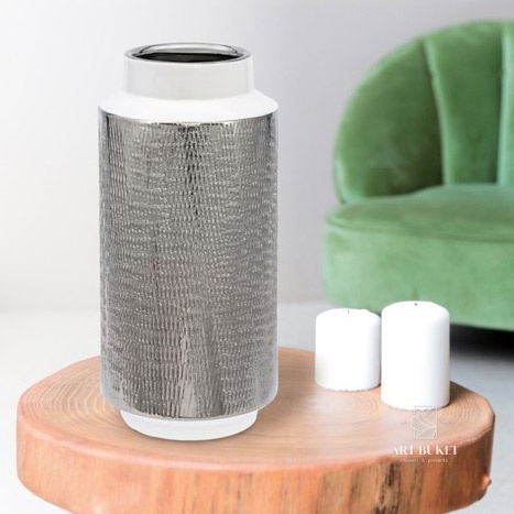 Декоративная ваза Вещицы контраст, 140х140х300, белый с серебром 