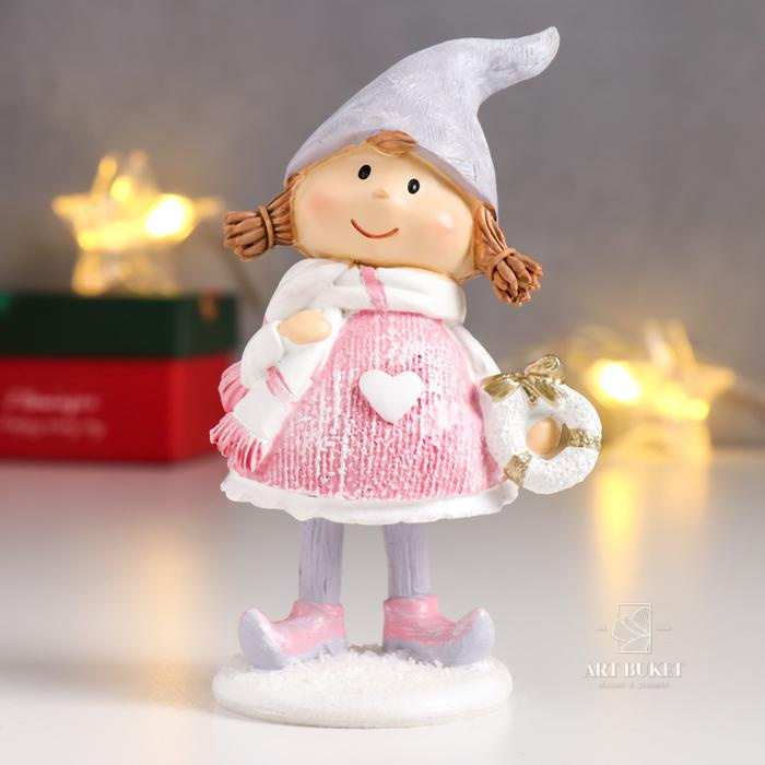 Сувенир полистоун "Малышка с хвостиками, в розовом платье, с венком" 13х5х8 см   