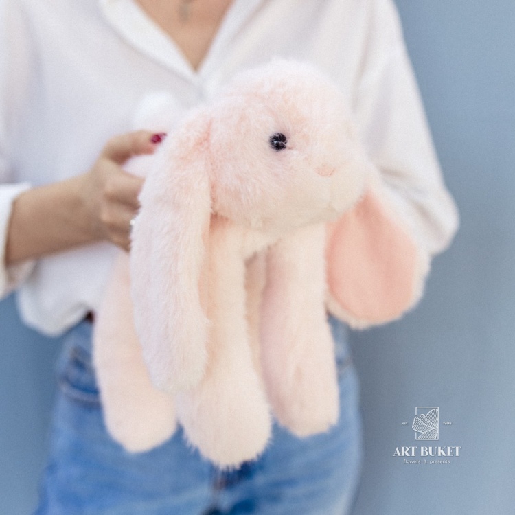 Зайка лежачий с наполнителем 40 см розовый